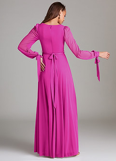 Azazie Leonia Bridesmaid Dresses Fuchsia A-Line Long Sleeve Mesh Dress image4