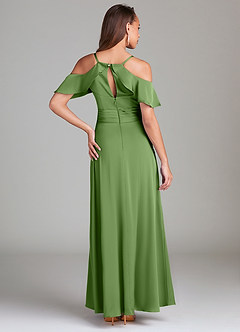 Azazie Dakota Bridesmaid Dresses Basil A-Line Off the Shoulder Stretch Satin Dress image2