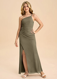 Azazie Eren Junior Vestido Salgueiro Verde de Chiffon de Linha A com Plissado image2