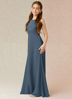 Azazie Snow Junior Vestido de Neptuno de Gasa de Corte en A con Encaje image3