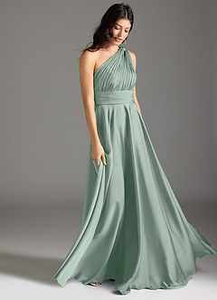 Azazie Charlize Robes de demoiselle d'honneur Robe Trapèze en Satin extensible Asymétrique Agave image4