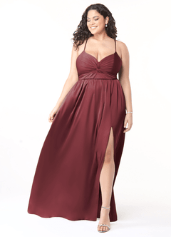 Azazie Raya Bridesmaid Dresses Merlot A-Line V-Neck Pleated Stretch Satin Dress image7