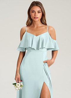 Azazie Jean Bridesmaid Dresses Sea Glass A-Line Off the Shoulder Stretch Satin Dress image6