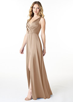 Azazie Nelly Bridesmaid Dresses Taupe A-Line V-Neck Pleated Stretch Satin Dress image3