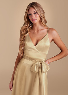Azazie Sophia Bridesmaid Dresses Champagne A-Line with Pockets Metallic Satin Dress image6