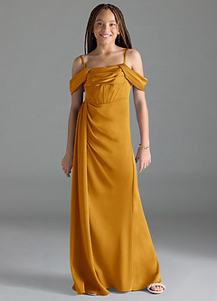 Azazie Amyra Junior Butterscotch Sheath Off the Shoulder Stretch Satin Dress image1