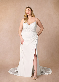 Azazie Rosalina Wedding Dresses Diamond White Mermaid V-Neck lace Crepe Back Satin Dress image7