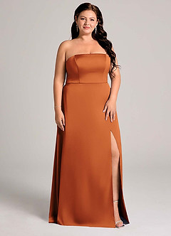 Azazie Wren Vestidos de damas de honor Vestido de Canela de Satén Elástico de Corte en A Convertible con Sin tirantes image11