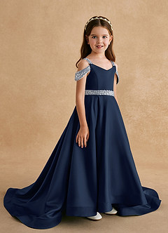 Azazie Jodi vestidos de niña de las flores Vestido de Azul Marino Oscuro de Satin Mate de Corte En A image3