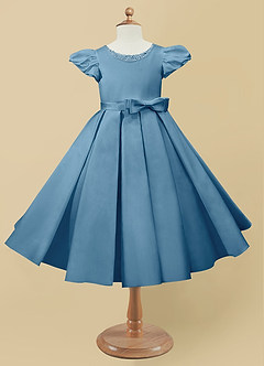 Azazie Jewel Jurken voor bloemenmeisjes Baljurk Jurk van Mat Satijn Geplooid Staal Blauw image4