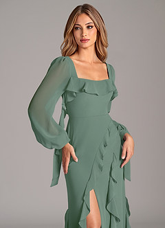 Azazie Candice Bridesmaid Dresses Eucalyptus A-Line Long Sleeve Chiffon Dress image7