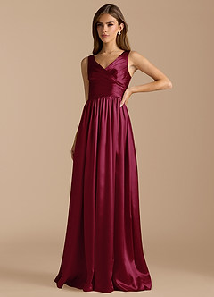 Azazie Keyla Bridesmaid Dresses Burgundy A-Line Pleated Metallic Satin Dress image5