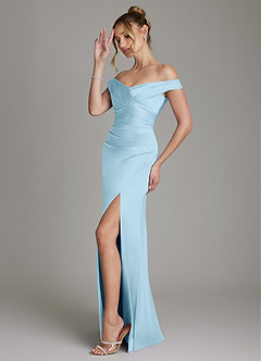 Azazie Teyana Bridesmaid Dresses Sky Blue Sheath Off the Shoulder Stretch Satin Dress image5