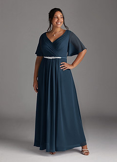 Azazie Tricia Abiti per la Madre della Sposa Abito A-Line in Chiffon con Scollo a V a Pieghe Marino Scuro image10