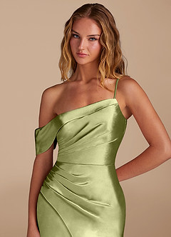 Azazie Lia Bridesmaid Dresses Pistachio Sheath Off the Shoulder Metallic Satin Dress image5