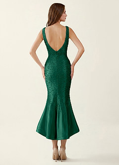 Delphine Vert Foncé Robe longue corsetée à col V en satin stretch ornée de perles image2