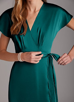 Azazie Nico Bridesmaid Dresses Peacock A-Line V-Neck Stretch Satin Dress image7