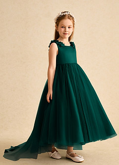 Azazie Lorita Robe Demoiselle D'honneur Fillette Robe Trapèze en Tulle Perlé Vert Pin image4