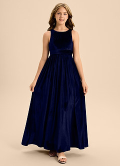 Azazie Jaylah Junior Vestido de Azul Marino Oscuro de terciopelo de Corte En A con Plisado image3