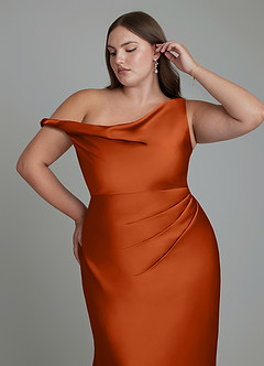 Azazie Emerson Bridesmaid Dresses Burnt Orange Mermaid Off the Shoulder Stretch Satin Dress image12