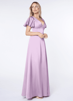 Azazie Lani Bridesmaid Dresses Frosted Lilac A-Line Flounce Sleeve Stretch Satin Dress image4
