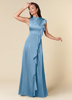Azazie Narine Kleider für die Brautmutter A-Linie Hoher Ausschnitt Plissee Stretch-Satin Kleid Stahlblau image1