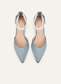 front Matching Color Metallic Satin Pearl Strap Pointed Toe Block Heels