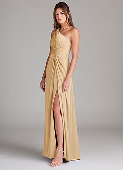 Azazie Brooke Bridesmaid Dresses Gold A-Line One Shoulder Stretch Satin Dress image6