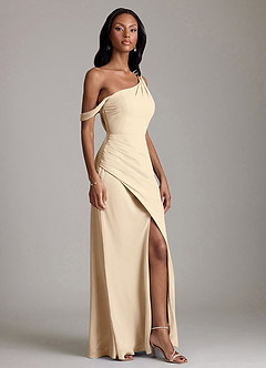 Azazie Madelyn Vestidos de damas de honor Vestido de Champán de Gasa de Corte Sirena Convertible con Hombro unilateral image5