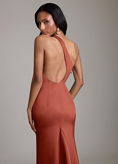 Azazie Voni Robes de demoiselle d'honneur Robe Sirène en Satin extensible Une épaule Terracotta image4