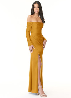 Azazie Hallie Bridesmaid Dresses Butterscotch Sheath Off-The-Shoulder Long Sleeve Stretch Satin Convertible Dress image5