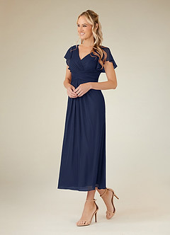 Azazie Vera Mother of the Bride Dresses Dark Navy A-Line V-Neck Pleated Mesh Dress image2