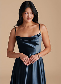 Azazie Elle Bridesmaid Dresses Dark Navy A-Line with Pockets Metallic Satin Dress image3