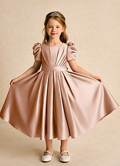 Azazie Miriam vestidos de niña de las flores Vestido de Champán Rosado de Satin Mate de Princesa con Plisado image5