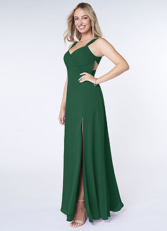 Azazie Nahrin Bridesmaid Dresses Dark Green A-Line V-Neck Pleated Chiffon Dress image3