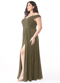 Azazie Audrianna Vestidos de damas de honor Vestido de Verde Sauce de Gasa de Corte en A Convertible con Hombros descubiertos image9
