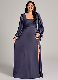 Azazie Leonia Abiti da Damigella Abito A-Line in Raso Elasticizzato Manica Lunga Stormy image11