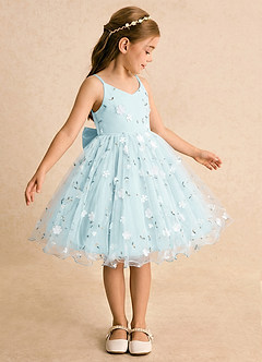 Azazie Junebug Flower Girl Dresses Sea Glass Ball-Gown Spaghetti Strap Tulle Dress image4
