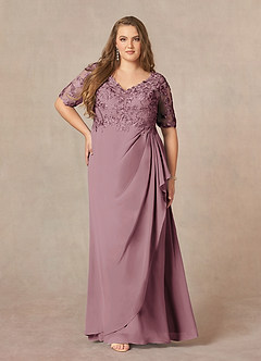 Azazie Amedeus Mother of the Bride Dresses Vintage Mauve A-Line V-Neck Lace Chiffon Dress image6