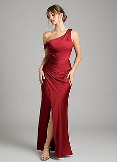Azazie Madelyn Robes de demoiselle d'honneur Robe Sirène Convertible en Satin extensible Une épaule Écarlate image1