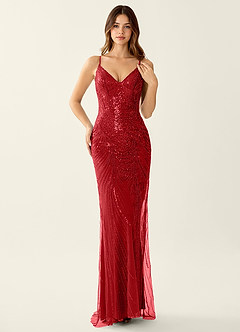 Azazie Red Corset Beading V Neck Formal Dress