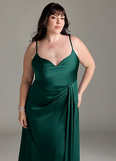 Azazie Brielle Robes de demoiselle d'honneur Robe Trapèze en Satin extensible Bretelles spaghetti émeraude image11