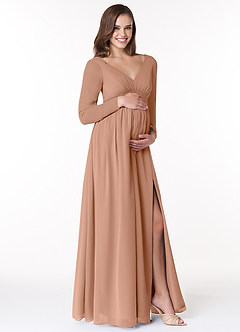 Azazie Teton Maternity Bridesmaid Dresses A-Line Long Sleeve Chiffon Floor-Length Dress image4