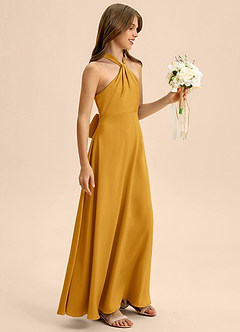 Azazie Beah Junior Robe Trapèze en Satin extensible Plissée Caramel écossais image6