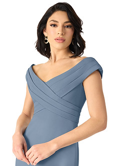 Azazie Evita Jurken voor bruidsmeisjes Jurk van Stretch crêpe met A-Lijn Off the Shoulder Stoffig Blauw image4