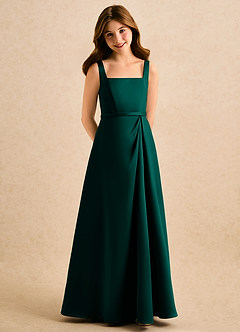 Azazie Emiko Girls Formal Flower Girl Dresses Pine A-Line Pleated Matte Satin Dress image1