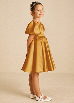 Azazie Muffin Flower Girl Dresses Butterscotch A-Line with Sleeves Matte Satin Dress image3