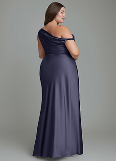 Azazie Emerson Robes de demoiselle d'honneur Robe Sirène en Satin extensible Épaules dénudées Bleu Orageux image9