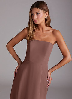 Azazie Wren 신부 들러리 드레스 A라인 스트랩리스 쉬폰 티 길이 드레스 image5