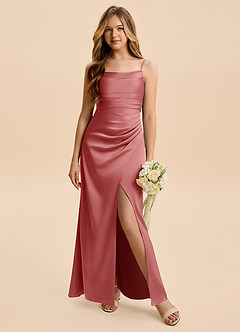Azazie Minnie Junior Antique Rose Sheath Ruched Stretch Satin Dress image4